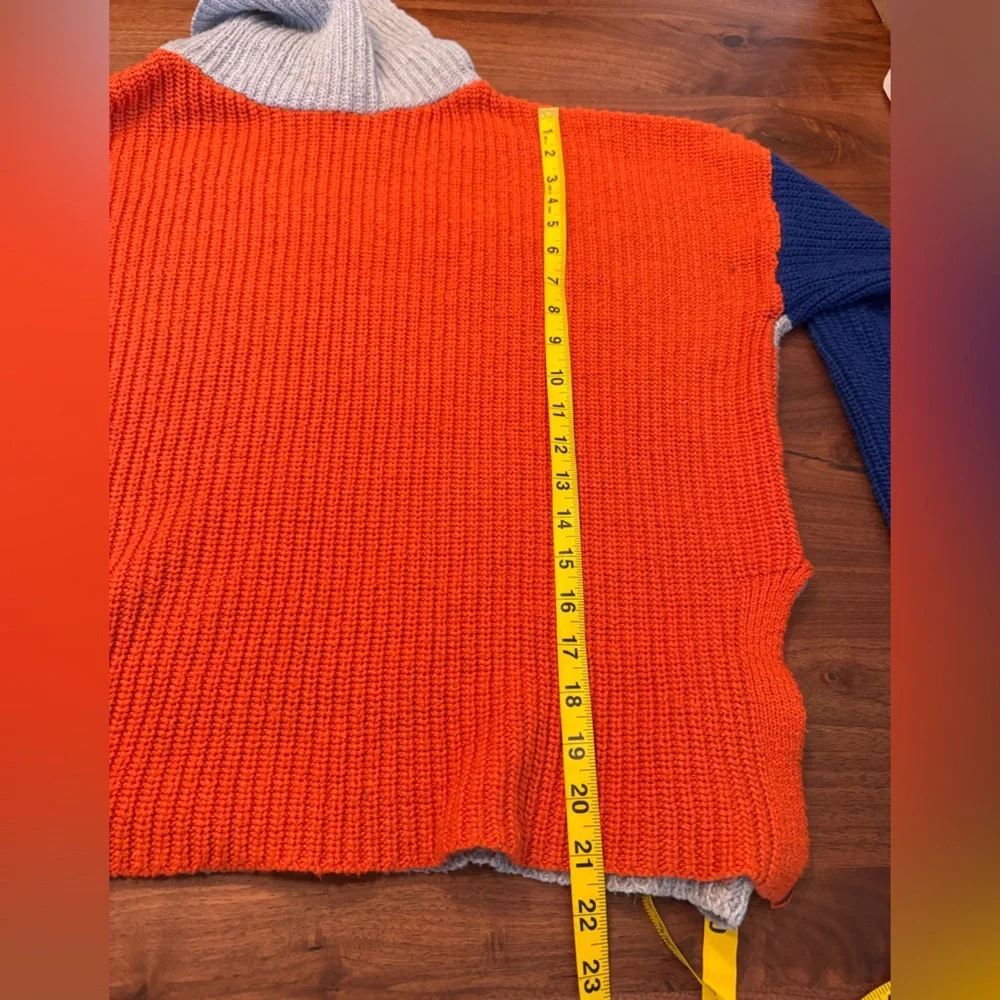 Vintage 80s Split Turtleneck Tri Color  Sweater Women’s Large Blue Orange Gray - Picture 3 of 5